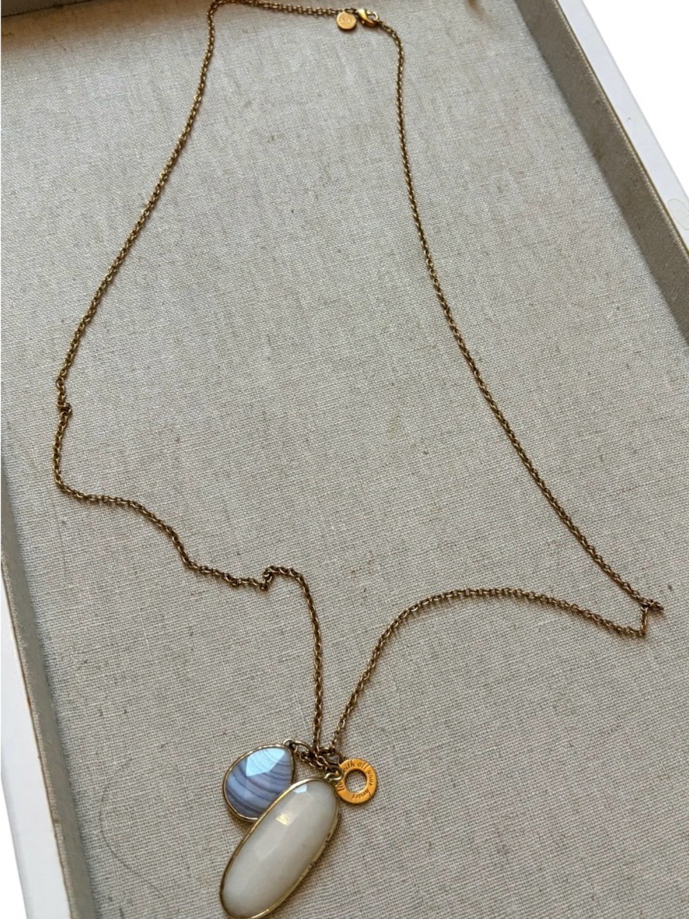 Stella & Dot Gold Necklace with White and Light Blue Stone Pendants